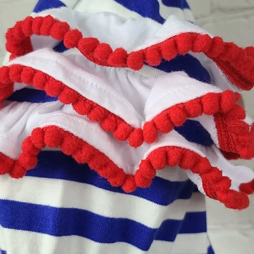NWT Baby Girl American Flag Appliqué Striped Pom Ruffle Bubble Romper Outfit 3M